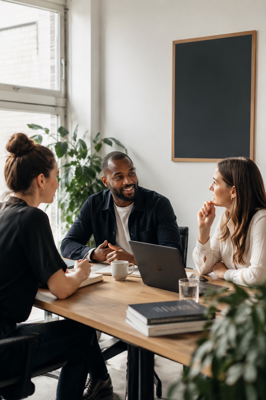 Three colleagues talking around a meeting table