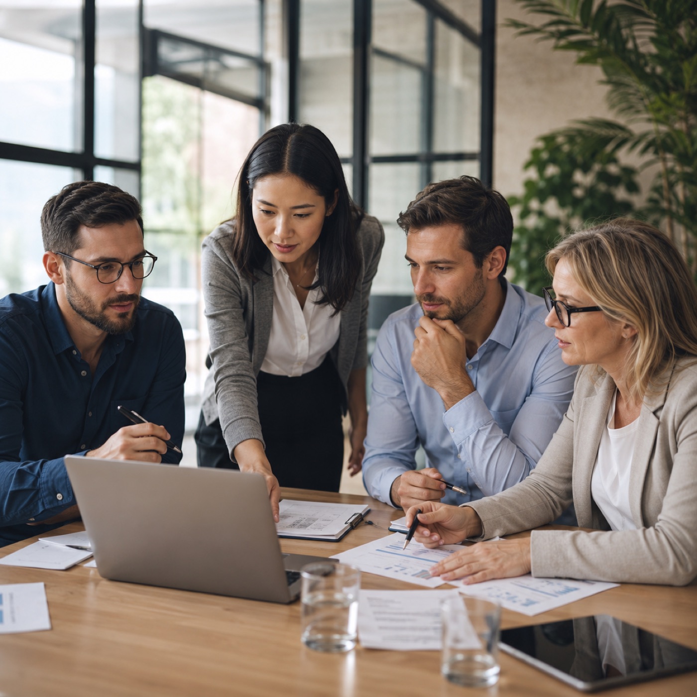 A team working through a role brief together around a laptop